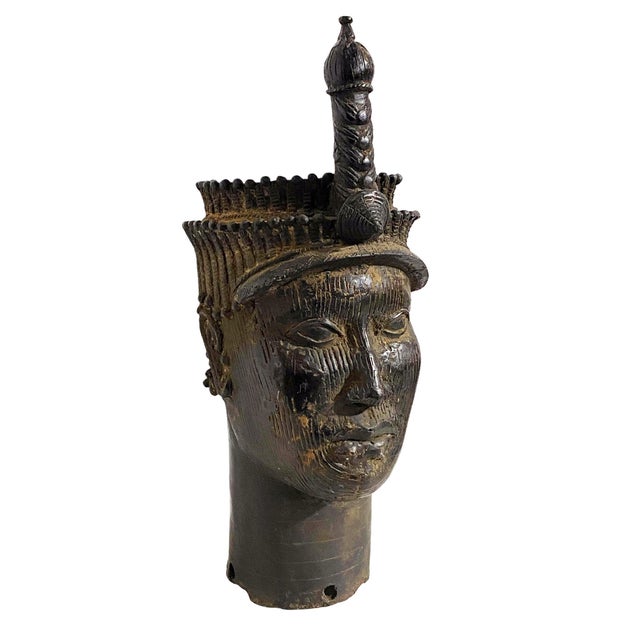 Metal Vintage Lg Benin Bronze Head of King -Oba Nigeria African 19" H For Sale - Image 7 of 9