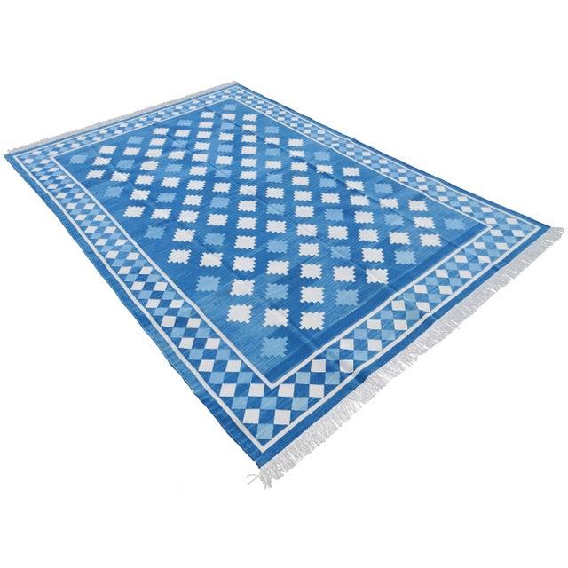 Handmade Cotton Vegetable Dyed Star and Gingham Rug 8x10 For Sale - Image 11 of 11