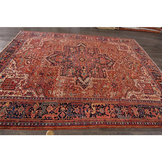 9 X 11 Vintage Persian Heriz Hand-Knotted Allover Wool Rug in Rust Color For Sale - Image 11 of 12