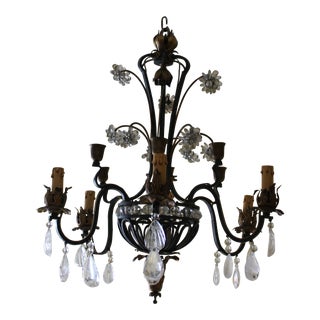 1920's French Art Deco Patinated Iron Floral Rock Crystal Chandelier by Maison Bagues Paris For Sale