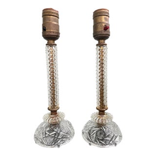 Vintage Cut Crystal Boudoir Table Lamps – Pair With Diamond Point Columns & Eagle Sockets For Sale
