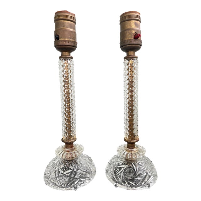 Vintage Cut Crystal Boudoir Table Lamps – Pair With Diamond Point Columns & Eagle Sockets For Sale