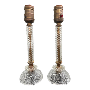 Vintage Cut Crystal Boudoir Table Lamps – Pair With Diamond Point Columns & Eagle Sockets