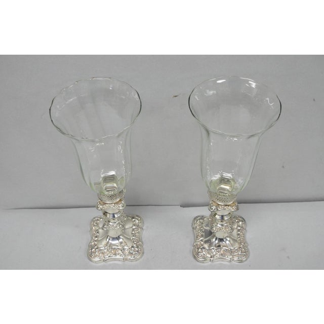 Antique Victorian Silver Plated Glass Hurricane Lamp Shade Candlestick - Pair For Sale - Image 15 of 18