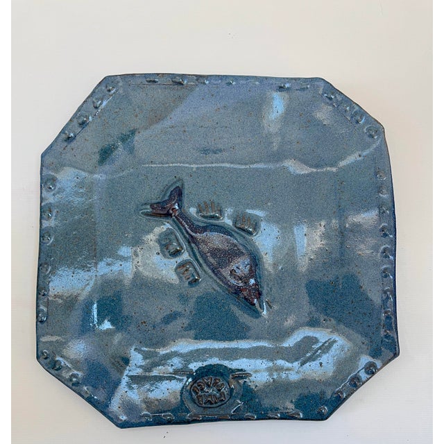 Large Studio Art Pottery Lorna Smith Pike Place Signed Blue Decorative Fish Plate. Signed on the underside. In excellent...