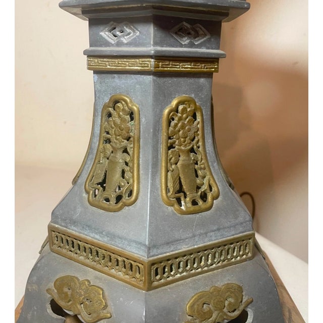 Large Antique Chinese Handmade Pewter Brass Pagoda Tower Electric Table Lamp For Sale - Image 13 of 13