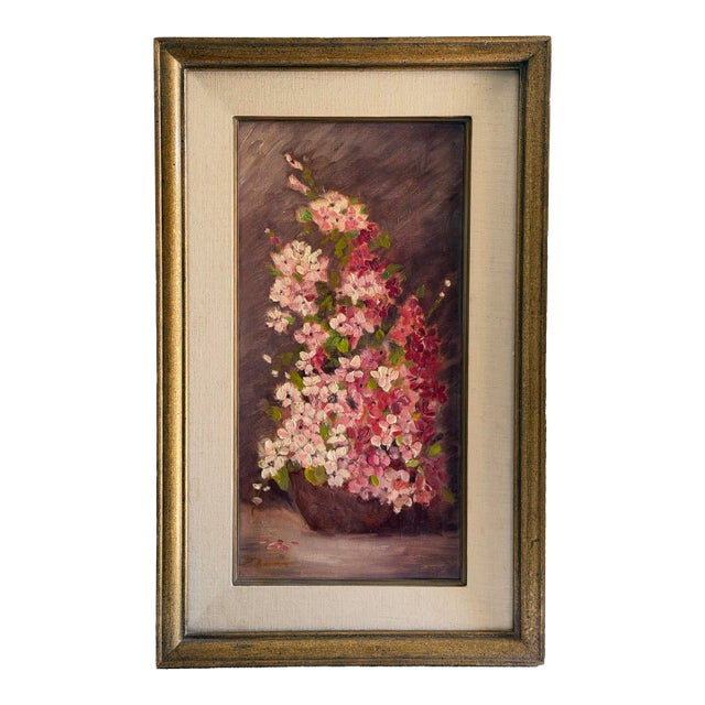 Original Vintage Floral Oil Painting, Impasto Pink Blossoms Still Life, Gilt Frame, Mid Century Art For Sale