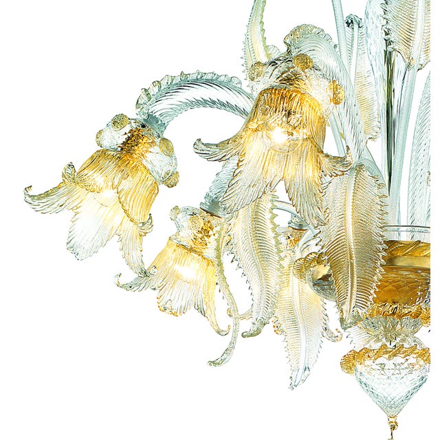 Luxury Italian Clear and Gold-Leaf Chandelier With Flowers and Leaves Murano Glass For Sale - Image 4 of 4