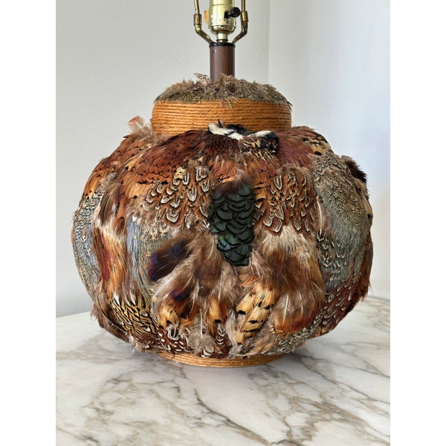 1970s Vintage Round Feathered Table Lamp For Sale - Image 5 of 8