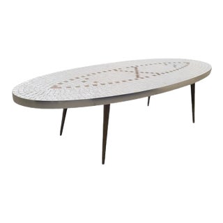 Vintage Mid-Century Modern Oval Mosaic White Bronze Tile Coffee Table For Sale