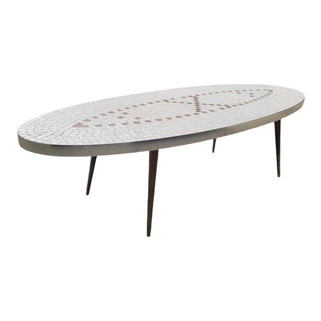 Vintage Mid-Century Modern Oval Mosaic White Bronze Tile Coffee Table For Sale