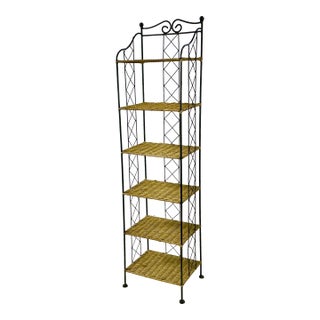Mid-Century Boho Chic Arts & Crafts Metal and Wicker Slim Bookcase, 6 Tier For Sale