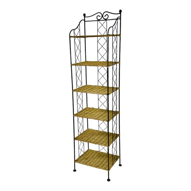 Mid-Century Boho Chic Arts & Crafts Metal and Wicker Slim Bookcase, 6 Tier For Sale