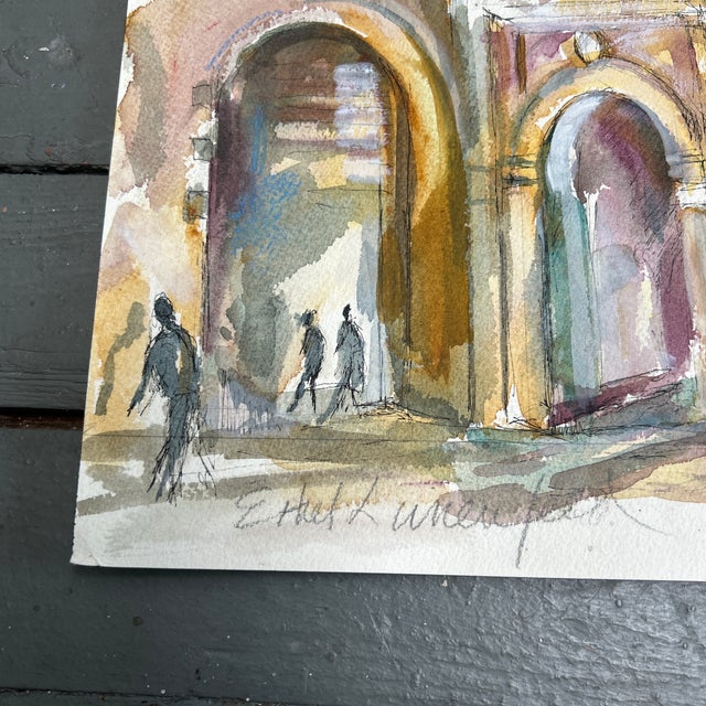 1970s 1970’s Original Abstract Dante Square Verona Italy Cityscape Watercolor Painting For Sale - Image 5 of 6