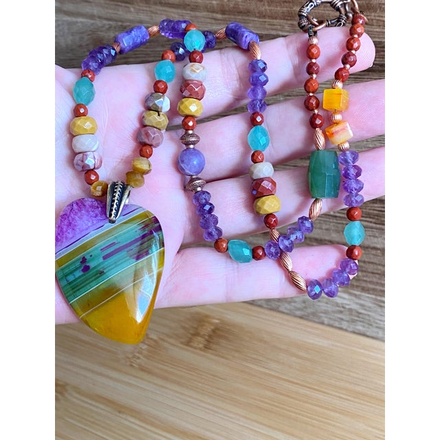 Amethyst Artisan Multigemstone Necklace With Agate Heart Pendant and Patinated Copper For Sale - Image 8 of 9