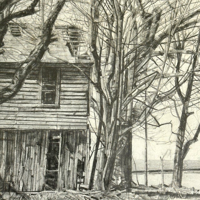 Realism Vintage Realist Winter Landscape With Abandoned Home, Framed (C. 1965, Graphite on Paper) For Sale - Image 3 of 6