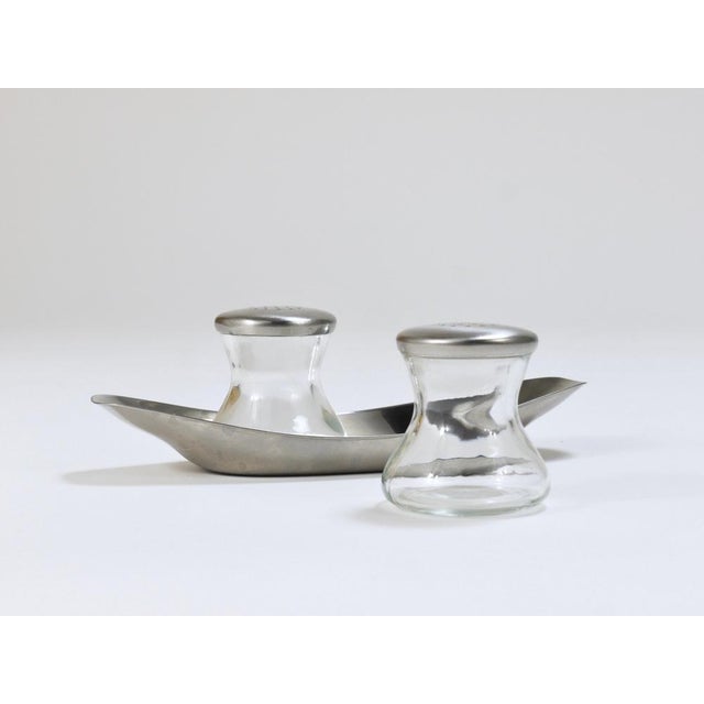 Silver Mid-Century Salt Pepper Shakers with Tray attributed to Wilhelm Wagenfeld for WMF, 1950s, Set of 3 For Sale - Image 8 of 18
