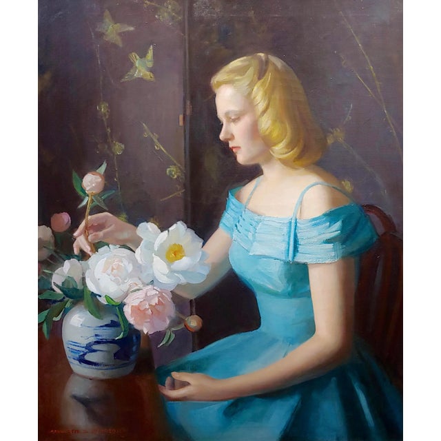 Figurative Marguerite Stuber Pearson -Woman in Blue Arranging Her White Roses-Oil Painting For Sale - Image 3 of 12