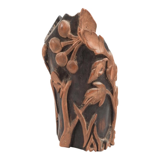 Vintage Folk Art Hand Carved Brush or Pen Holder Fruit and Foliage For Sale