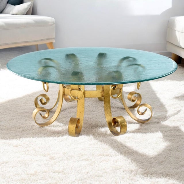 Hollywood Regency Gold Wrought Iron Scroll Round Coffee Table With Rippled Glass For Sale - Image 3 of 11