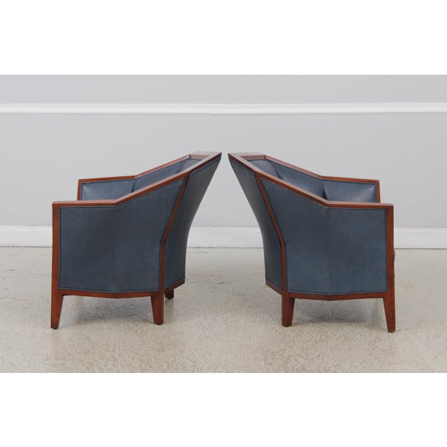 1990s Pair of Stickley Cherry Blue Leather Club Chairs For Sale - Image 5 of 15