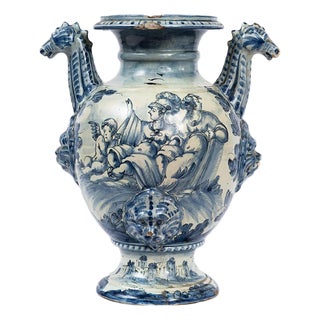 Antique 18th Century Stagnone Vase in Glazed Maiolica with Two Handles, Albisola For Sale