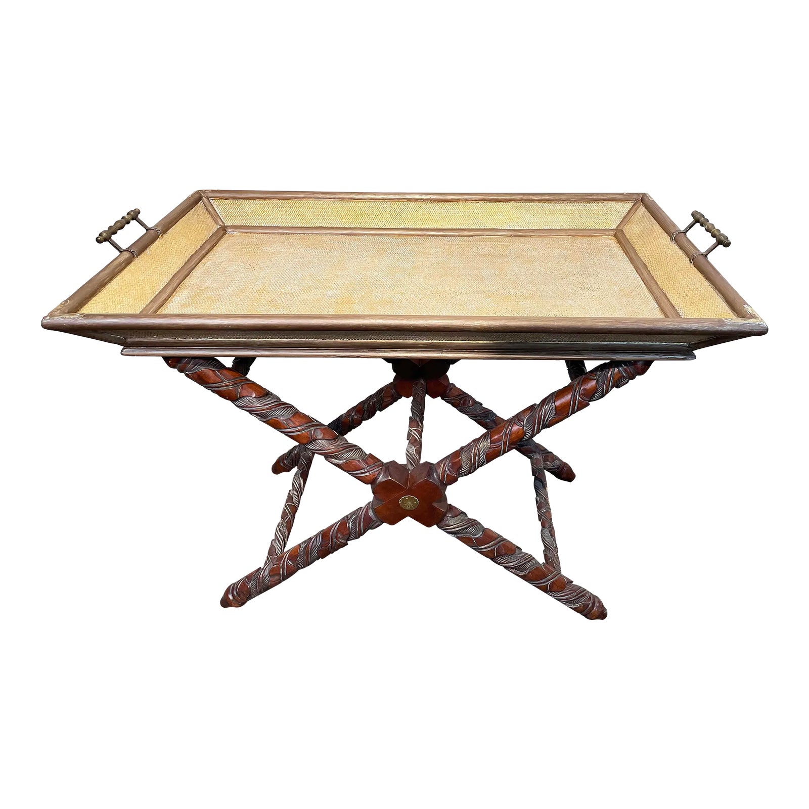 Vintage Exquisite Tray Side Table, White and Gold Lacquered Straw Tray ...