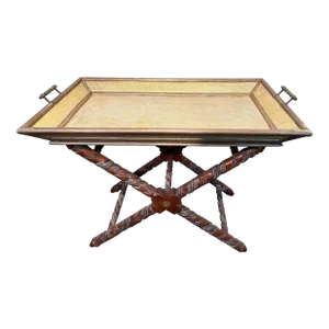 Vintage Exquisite Tray Side Table, White and Gold Lacquered Straw Tray Table Top,