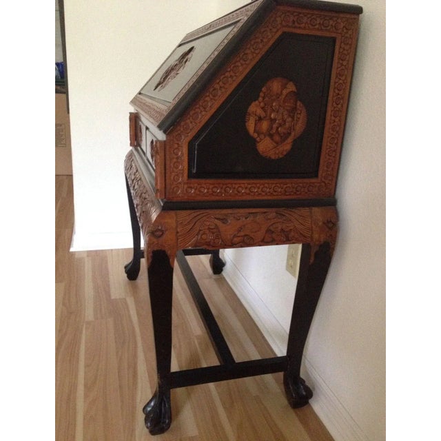 1960s 1960s Vintage Asian Writing Desk Carved Dragons Teak Black Chinese Hunan For Sale - Image 5 of 7