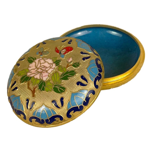 Vintage Chinese Cloisonne Brass & Enamel Round Storage Box For Sale
