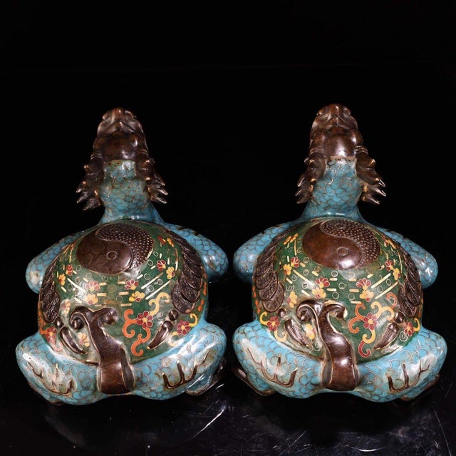 Pair of Antique Cloisonné Dragon-Turtle Figurines, 6000g Total, Enamel For Sale - Image 4 of 10