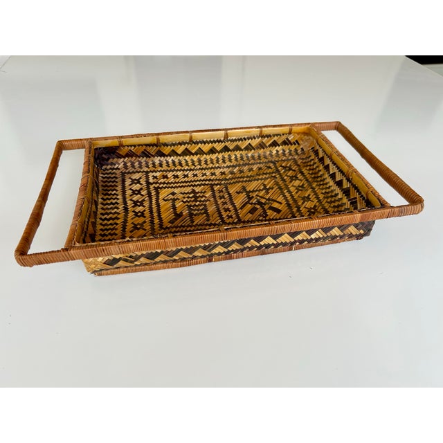 1970s 1970's Hand Woven Rattan Tea Tray With Handles - "Tea Please" in Chinese For Sale - Image 5 of 6