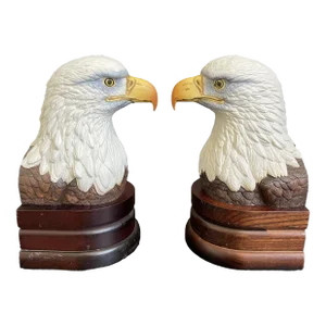Andrea by Sadek Bisque Porcelain on Wood Base Bald Eagle Bust Bookends - a Pair
