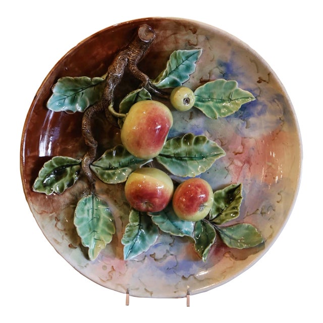 19th Century French Hand Painted Ceramic Barbotine Fruit Wall Platter For Sale
