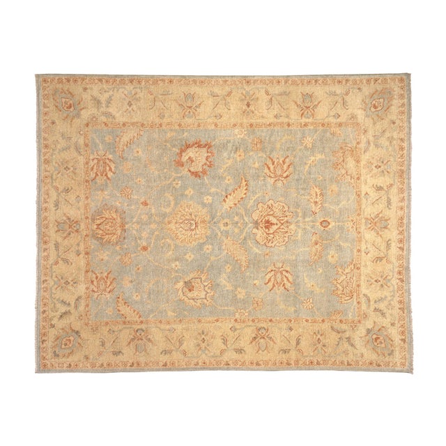 Large 8'1" X 9'7" Hand-Knotted Afghan Oushak Rug in Sky Blue & Sand Gold For Sale In Los Angeles - Image 6 of 10
