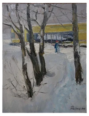 Leonid Vaichlia, Yellow House in the Snow, 1964