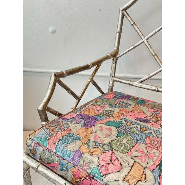 Pair of 1980s iron Italian silver leaf faux bamboo armchairs. Heavy chairs. Needs reupholstering.