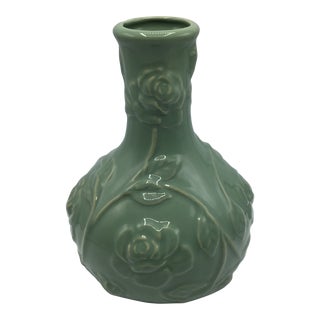 Vintage Celadon Style Climbing Rose Pattern Porcelain Vase For Sale