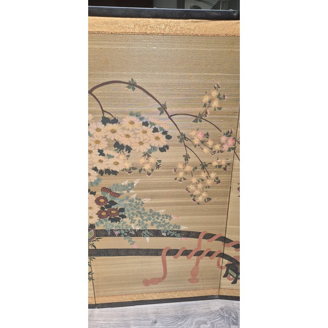 Japanese Four-Panel Showa Screen Hanaguruma Flower Cart ~ Original For Sale - Image 4 of 11