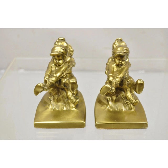 Vintage Pm Craftsman "Tug of War" Brass Children Playing Figural Bookends - Pair For Sale - Image 9 of 12