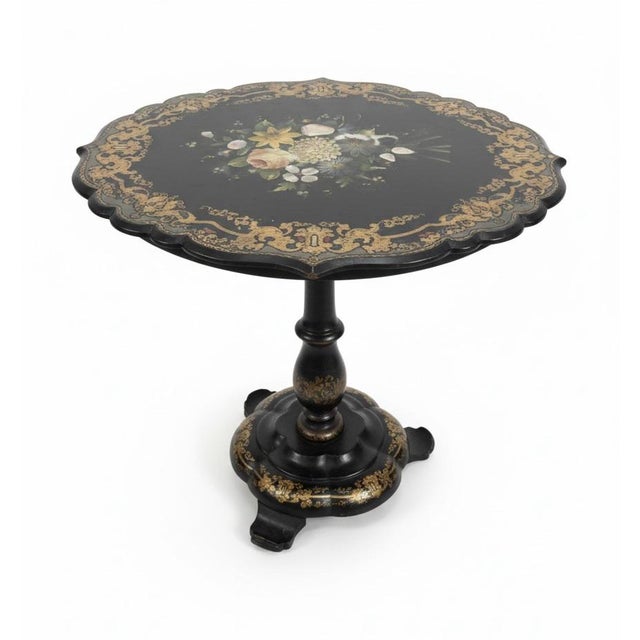 1990s 1880s Victorian Papier-Mâché & Mother-of-Pearl Inlay Pedestal Side Table For Sale - Image 5 of 7
