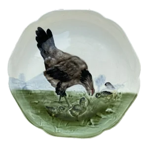 19th Century Majolica Hen and Chicks Plate Choisy Le Roi