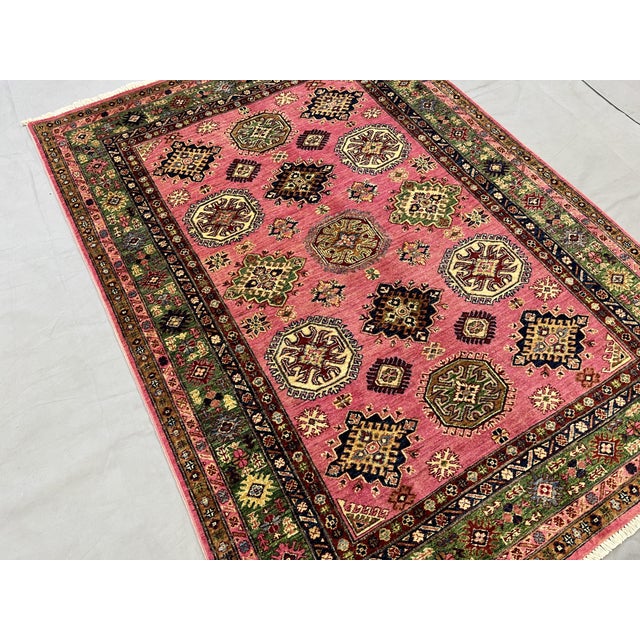 Pink Kazak Tribal Rug With Green Border, 4'11" X 6'8" For Sale - Image 4 of 13