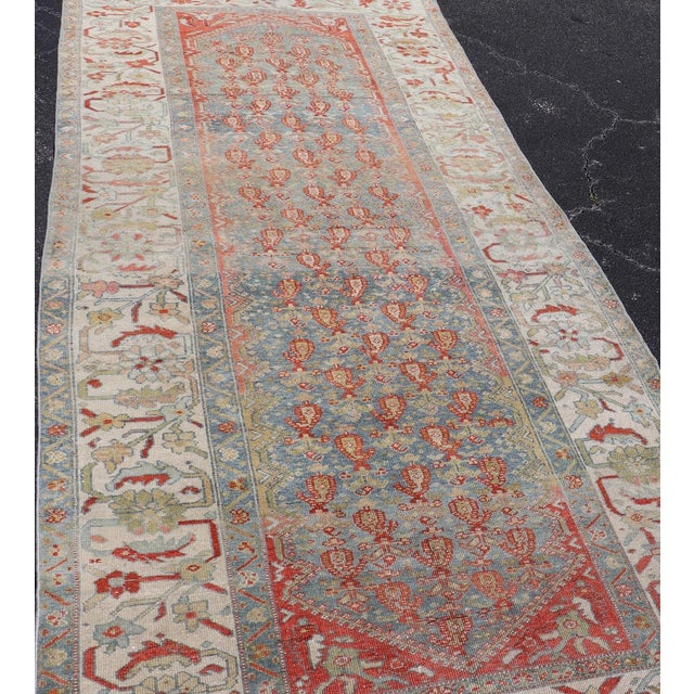 Antique Persian Malayer Gallery Rug With Blue Field and Red Boteh Design For Sale - Image 9 of 15