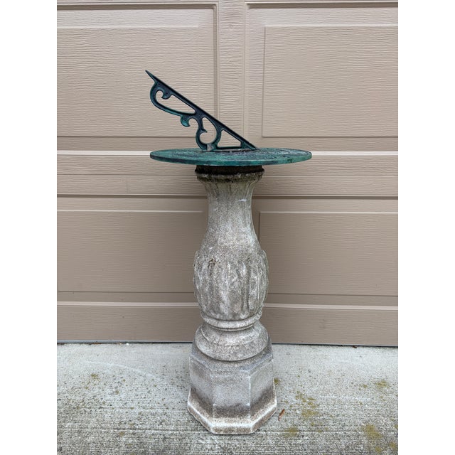 Vintage English Country Classical Verdigris Iron Garden Sundial on Pedestal For Sale In South Bend - Image 6 of 12