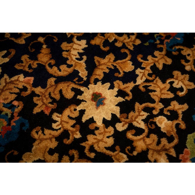 Navy Blue 1920s Traditional Navy Floral Knotted Wool Antique Chinese Room Size Carpet Rug For Sale - Image 8 of 9