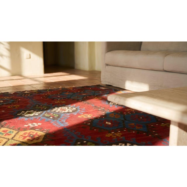 Red 1940s Red Geometric Vintage Turkish Kilim Sivas Rug 9'4" X 11'6" Wool Flatweave Carpet For Sale - Image 8 of 8