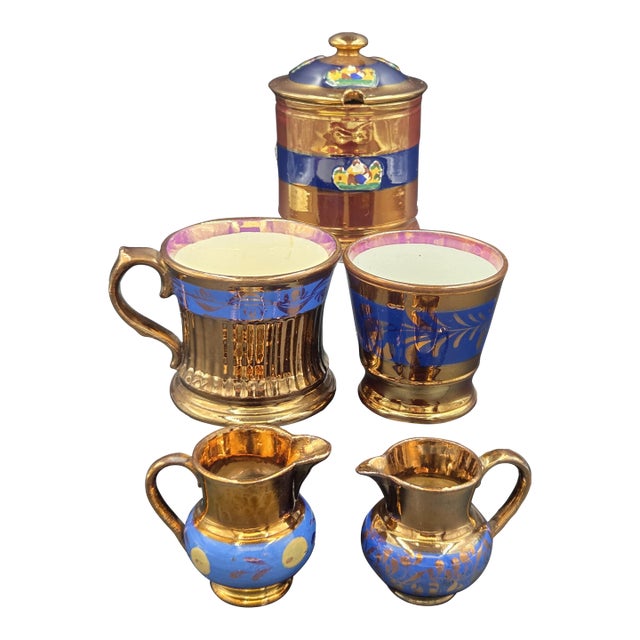 19th Century English Copper Lustreware Cobolt Blue Enamel Bands & Hand-Painterd Motifs 6 Piece Set For Sale