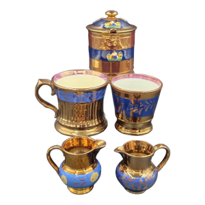 19th Century English Copper Lustreware Cobolt Blue Enamel Bands & Hand-Painterd Motifs 6 Piece Set