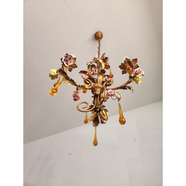 Vintage Venetian Three-Light Chandelier with Murano Glass Drops, 1960s For Sale - Image 9 of 18